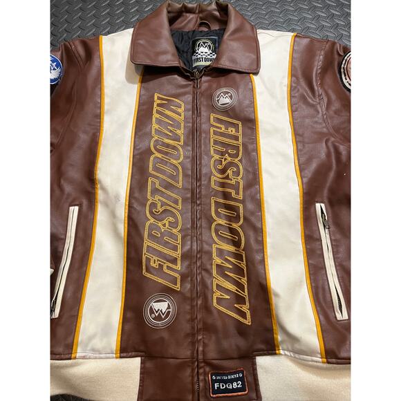 First Down Mens Vintage Racing Gear Bomber Jacket Flight Brown Patches Size XXL - Picture 2 of 14